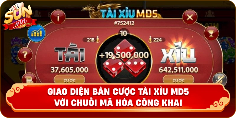 Giao diện bàn cược Tài xỉu MD5 với chuỗi mã hóa công khai.